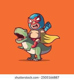 A luchador character on top of a T-Rex vector illustration. Fantasy, mascot design concept.