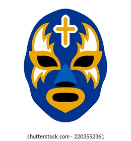 Luchador mask. Blue and yellow face mask of Mexican wrestling - lucha libre. Vector illustration for poster, banner, stencil, decoration.