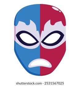 Luchador mask split down the middle, with one side blue and the other red, symbolizing duality