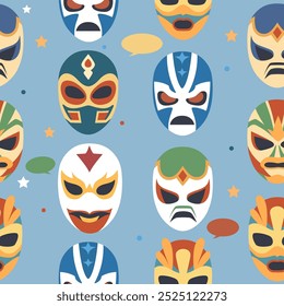 Luchador padrão sem emenda. Máscaras tradicionais coloridas, show de luta mexicano, traje de lutador, lucha libre. Decoração têxtil, envoltório, papel de parede design. Imprimir para plano de fundo de vetor de malha