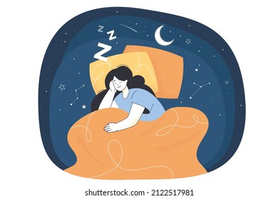Lucid dreaming of sleeping woman at night. Astral travel of girl lying on pillow under blanket and experience of REM stage of sleep flat vector illustration. Wakefulness, dream control concept svg