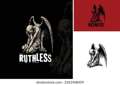 Lucifer Corpse Kneeling on font Tombstone. Dead Body Angel on Grave Silhouette. Winged Zombie Slumped Helplessly with Gothic Art Style for Shirt Illustration logo design svg