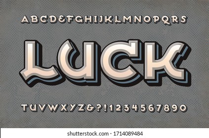 Luck alphabet; an old time alphabet with a circus, carnival, victorian or western vibe. Muted colors add to the antique effect, with a subtle palette of gray, blue, and cream.