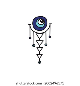 Luck amulet or charm with evil eyes blue bead, cartoon vector illustration isolated on white background. Decorative abstract oriental or turkish talisman.