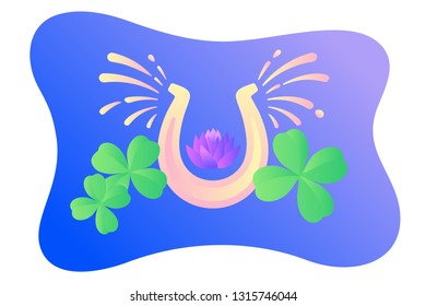 Luck Concept. Fortune Metaphor. The Lucky Horseshoe Glitters and Sparkles next to the four-leafed clover leaves on a gradient Synthwave background. Vector Cute Illustration.