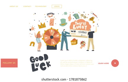 Vorlage für Glücks- und Glückslandungsseite. Charaktere gewinnen in Lotterie und zeichnen Raffle. Happy Man erhält Geldscheck, gewinnende Frau Jackpot. Menschen feiern den finanziellen Erfolg. Lineare Vektorgrafik