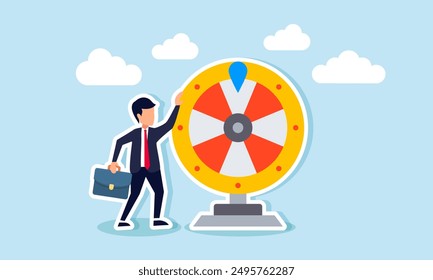 luck the fortune wheel randomness, chances, and opportunities for a new job, investment success, or gambling, concept of excite businessman looking at spinning fortune wheel waiting for luck