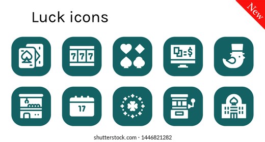 luck icon set. 10 filled luck icons.  Collection Of - Playing cards, Slot machine, Poker, Gambling, Saint Patrick, Claw machine, Casino