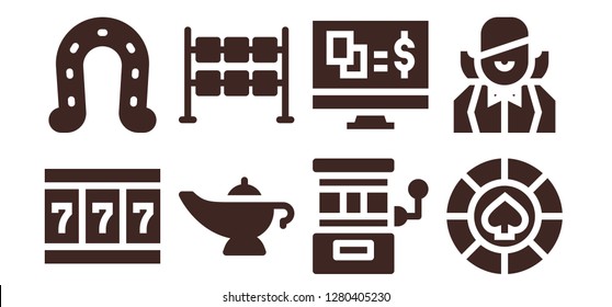  luck icon set. 8 filled luck icons. Simple modern icons about  - Slot machine, Horseshoe, Magic lamp, Dice, Gambling, Casino, Croupier