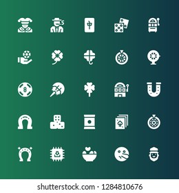 luck icon set. Collection of 25 filled luck icons included Saint Patrick, Liar, Chips, Chip, Horseshoe, Roulette, Poker, Dices, Slot machine, Clover, Casino, Jackpot, Dice, Mahjong