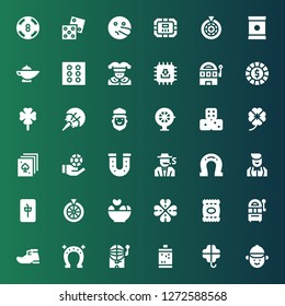 luck icon set. Collection of 36 filled luck icons included Jockey, Clover, Slot machine, Bingo, Horseshoe, Leprechaun shoe, Jackpot, Chips, Roulette, Mahjong, Croupier, Gambler