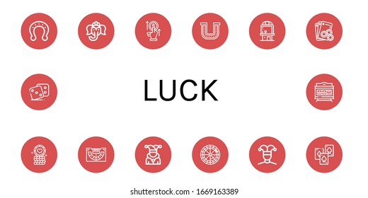 luck icon set. Collection of Horseshoe, Ganesha, Bet, Claw machine, Gambling, Poker chip, Baccarat, Joker, Roulette, Buffoon, Playing cards, Dice, Slot machine icons