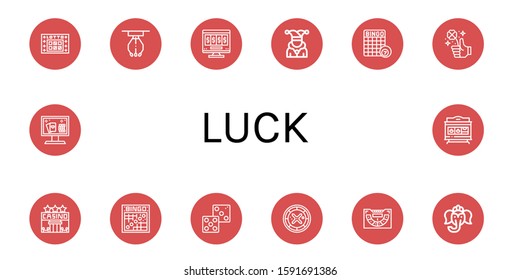 luck icon set. Collection of Lotto, Claw machine, Online gambling, Joker, Bingo, Clover, Casino, Dice, Roulette, Baccarat, Ganesha, Online casino, Slot machine icons