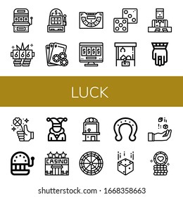 Luck Icon Set. Collection Of Slot Machine, Jackpot, Gambling, Baccarat, Online Gambling, Dice, Claw Machine, Croupier, Hamsa, Clover, Joker, Casino, Roulette, Horseshoe Icons