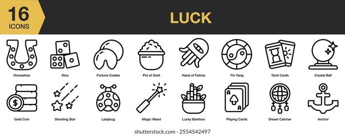 Luck icon set. Includes horse shoe, dice, ladybug, gold coin, tarot, anchor, and More. Outline icons vector collection.