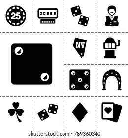 Luck icons. set of 13 editable filled luck icons such as horseshoe, casino boy, spades, slot machine, vegas, dice, clover, diamonds, 25 casino chip