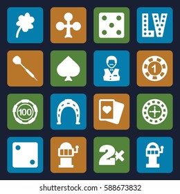luck icons set. Set of 16 luck filled icons such as Clover, Spades, Clubs, Roulette, Horseshoe, Dice, Casino bet, Casino boy, Slot machine, Vegas, dart