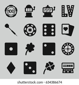 Luck icons set. set of 16 luck filled icons such as clover, diamonds, roulette, slot machine, 100 casino chip, dice, spades, vegas, clover, dart