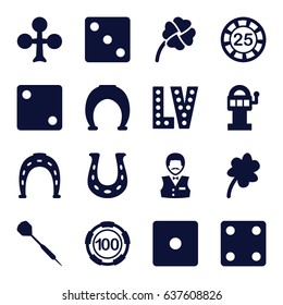 Luck icons set. set of 16 luck filled icons such as clover, clubs, 25 casino chip, 100 casino chip, horseshoe, dice, casino boy, vegas, clover, dart, horseshoe