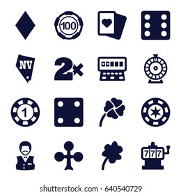 Luck icons set. set of 16 luck filled icons such as clover, clubs, diamonds, slot machine, 1 casino chip, 100 casino chip, dice, roulette, spades, vegas