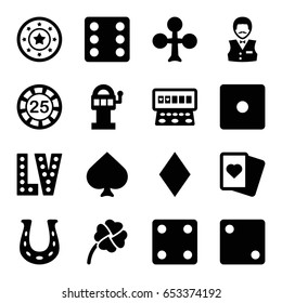 Luck icons set. set of 16 luck filled icons such as spades, clubs, diamonds, 25 casino chip, casino chip, dice, casino boy, slot machine, vegas, clover, horseshoe