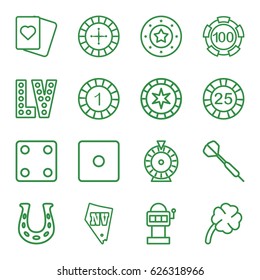 Luck icons set. set of 16 outline icons such as Roulette, 1 casino chip, Dice, Spades, Vegas, clover, dart, horseshoe