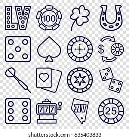 Luck icons set. set of 16 luck outline icons such as clover, spades, roulette, slot machine, casino chip and money, 25 casino chip, dice, vegas, dart, horseshoe
