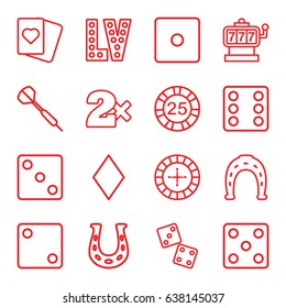 Luck icons set. set of 16 luck outline icons such as diamonds, roulette, slot machine, 25 casino chip, horseshoe, dice, casino bet, spades, vegas, dart, horseshoe