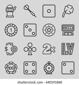 Luck icons set. set of 16 luck outline icons such as clubs, casino chip and money, 1 casino chip, dice, roulette, slot machine, vegas, clover