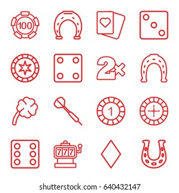 Luck icons set. set of 16 luck outline icons such as diamonds, roulette, slot machine, 1 casino chip, 100 casino chip, horseshoe, dice, spades, clover, dart