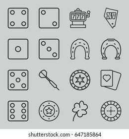 Luck icons set. set of 16 luck outline icons such as clover, roulette, slot machine, casino chip, horseshoe, dice, spades, vegas, dart, horseshoe