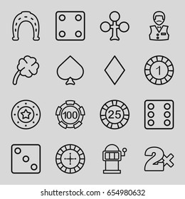 Luck icons set. set of 16 luck outline icons such as spades, clubs, diamonds, roulette, 1 casino chip, 25 casino chip, horseshoe, dice, slot machine