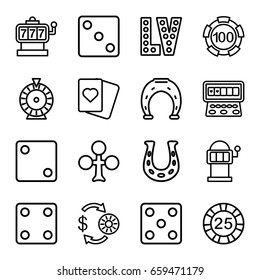 Luck icons set. set of 16 luck outline icons such as clubs, slot machine, casino chip and money, 25 casino chip, 100 casino chip, dice, roulette, spades, vegas
