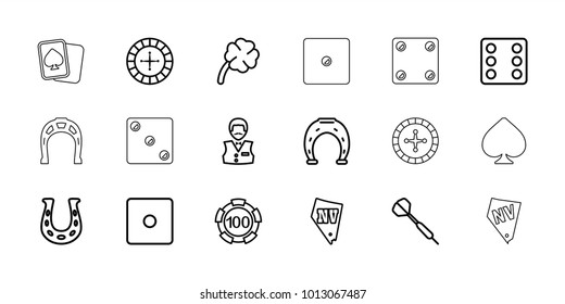 Luck icons. set of 18 editable outline luck icons: roulette, 100 casino chip, dice, casino boy, vegas, horseshoe, clover, dart, spades