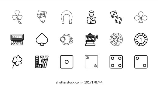 Luck icons. set of 18 editable outline luck icons: clover, spades, slot machine, 1 casino chip, dice, casino boy, vegas, dice, clubs