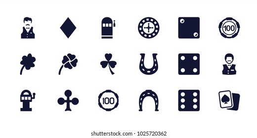 Luck icons. set of 18 editable filled luck icons: clover, clubs, roulette, 100 casino chip, horseshoe, dice, casino boy, slot machine, clover, horseshoe, diamonds