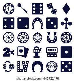 Luck icons set. set of 25 luck filled icons such as clubs, diamonds, casino chip and money, 1 casino chip, horseshoe, dice, roulette, spades, slot machine, vegas, dart