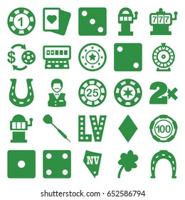 Luck icons set. set of 25 luck filled icons such as clover, diamonds, slot machine, casino chip and money, 1 casino chip, horseshoe, dice, roulette, spades, vegas, dart