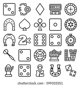luck icons set. Set of 25 luck outline icons such as Spades, Clubs, Diamonds, Roulette, Slot machine, Casino chip and money, Horseshoe, Dice, Casino bet, Casino boy, Vegas