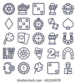 luck icons set. Set of 25 luck outline icons such as Clover, Spades, Diamonds, Roulette, Slot machine, Casino chip and money, Horseshoe, Dice, Casino bet, Casino boy, Vegas