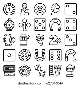 Luck icons set. set of 25 luck outline icons such as Clover, Casino chip and money, Horseshoe, Dice, Casino bet, Roulette, Casino boy, Slot machine, Vegas, horseshoe