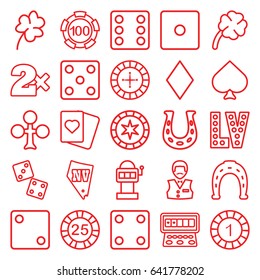 Luck icons set. set of 25 luck outline icons such as clover, spades, clubs, diamonds, roulette, 1 casino chip, 25 casino chip, horseshoe, dice, slot machine, vegas, clover