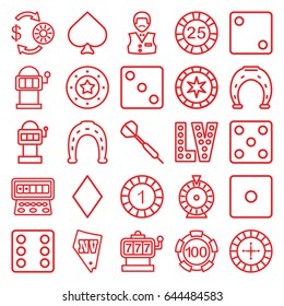 Luck icons set. set of 25 luck outline icons such as spades, diamonds, roulette, slot machine, casino chip and money, 1 casino chip, horseshoe, dice, vegas, dart, horseshoe