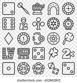 Luck icons set. set of 25 luck outline icons such as clover, clubs, diamonds, roulette, slot machine, casino chip and money, 1 casino chip, horseshoe, dice, vegas, clover