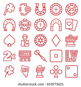 Luck icons set. set of 25 luck outline icons such as clover, spades, clubs, diamonds, roulette, slot machine, casino chip and money, 1 casino chip, horseshoe, dice, vegas
