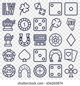 Luck icons set. set of 25 luck outline icons such as clover, spades, clubs, diamonds, roulette, slot machine, 1 casino chip, 25 casino chip, horseshoe, dice, vegas, clover