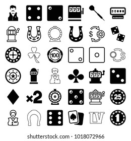 Luck icons. set of 36 editable filled and outline luck icons such as roulette, slot machine, 100 casino chip, dice, dice, dart, horseshoe, casino chip and money, clubs