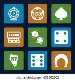 Luck icons set. set of 9 luck filled icons such as spades, 100 casino chip, dice, roulette, slot machine, vegas, dice