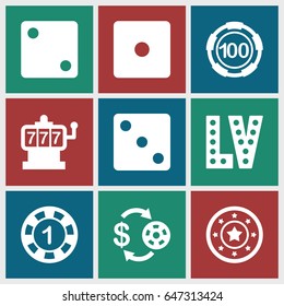 Luck icons set. set of 9 luck filled icons such as slot machine, casino chip and money, 1 casino chip, dice