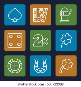 luck icons set. Set of 9 luck outline icons such as Clover, Spades, Roulette, Dice, Casino bet, Slot machine, Vegas, clover